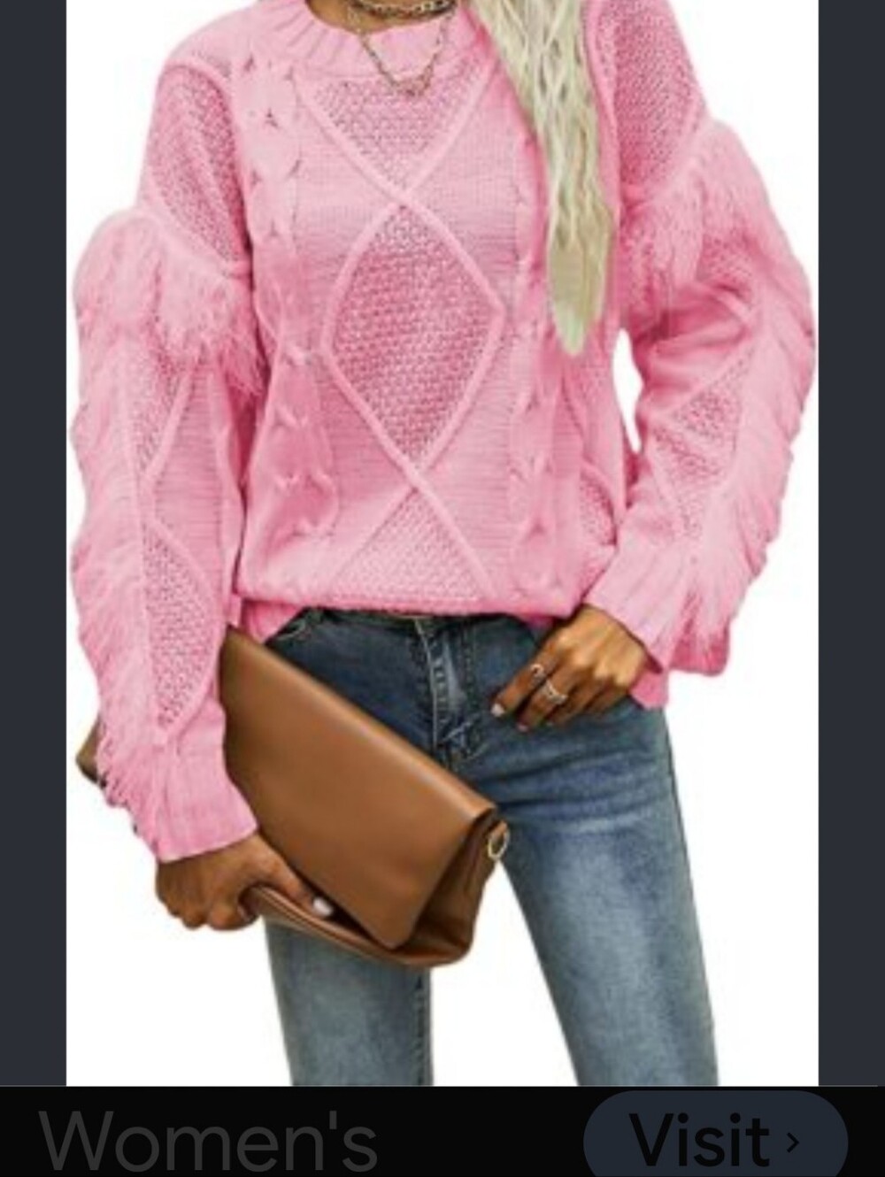 Women's Pink Textured Balloon-Sleeve Crewneck Sweater